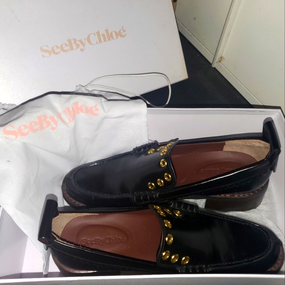 See by Chloe Leather Studded Stacked Heel Loafers RARE Black Colorway - Picture 2 of 12